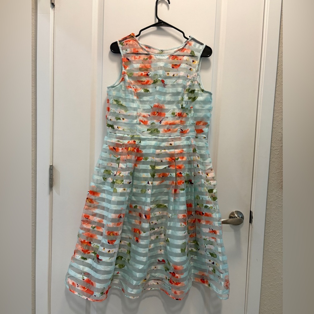 Sandra Darren Striped Floral Midi Dress in Blue and Orange